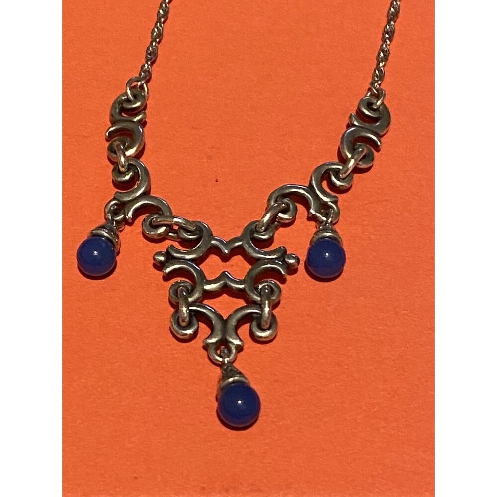 Retired JA Beaded Blue Chalcedony Silver Swirl Necklace 17-19” Adjustable - Picture 3 of 3